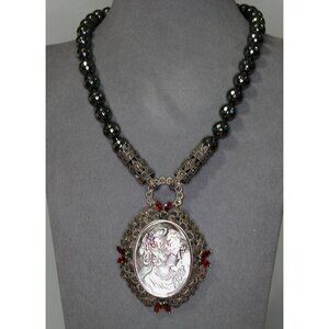Vintage 925 Silver Cameo Pendant Necklace With Black Beads & Red Gem